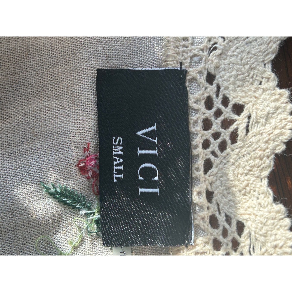 VICI Floral Embroidered Linen Blend Tie Front Lace Trim Top VC1416T Beige Small - Picture 2 of 8